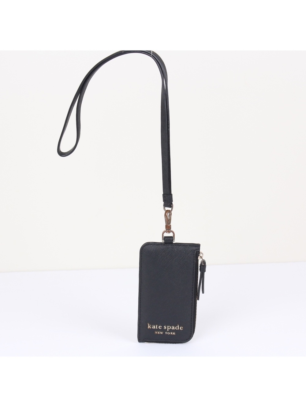 Kate Spade Black Saffiano Leather Card Case Lanyard ID Holder Zip Wallet M293